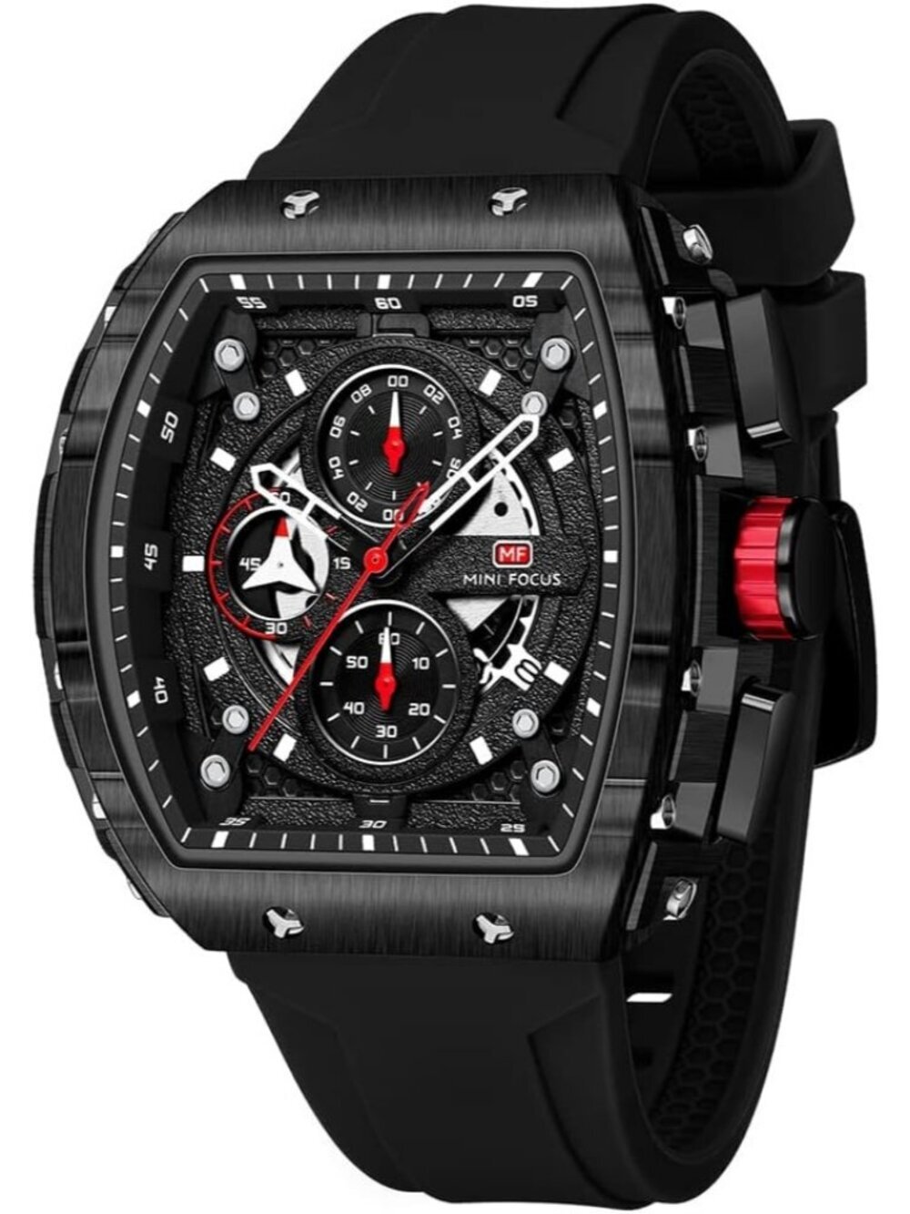 Men All Black Silicon Strap Quartz Chronograph Waterproof Luminous Tonneau Watch